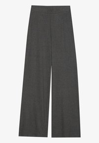 Weite graue Hose mit vertikaler rippenstruktur und elastischem Bund, geeignet für legere oder formelle Anlässe.