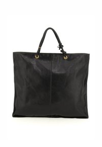 Grande borsa a tracolla nera in pelle con due manici cuciti, dettagli in metallo dorato e una texture liscia. Forma rettangolare semplice, senza pattern visibili.