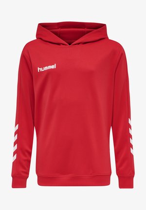 Felpa rossa con cappuccio in tessuto liscio, con logo frontale, cappuccio regolabile con cordino e dettagli a zig zag bianchi sulle maniche.