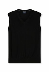 Schwarzer ärmelloser V-Ausschnitt-Pullover aus weichem Strickmaterial. Verfügt über einen gerippten Halsausschnitt und einen taillierten Saum für eine schlanke Silhouette.