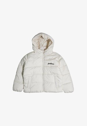 Giacca a vento bianca con cappuccio, pannelli cuciti, chiusura frontale con zip e due tasche laterali. Presenta il testo nero "Disclaimer" sul petto.