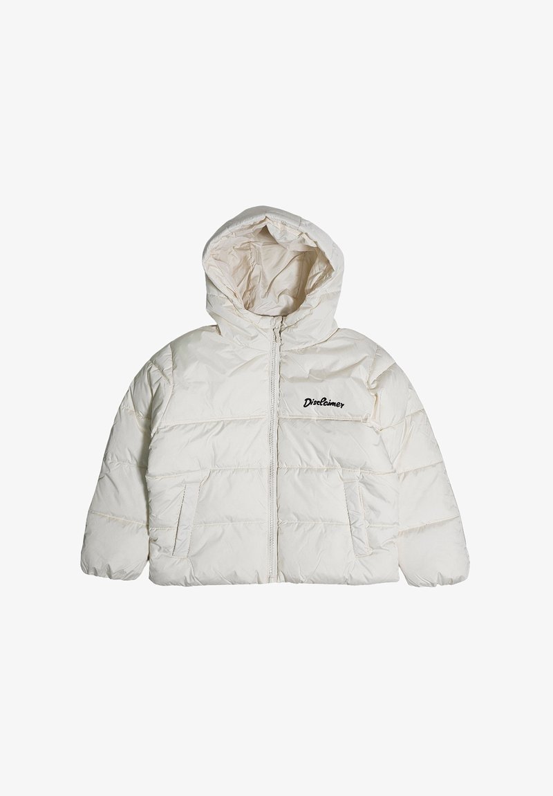 Giacca a vento bianca con cappuccio, pannelli cuciti, chiusura frontale con zip e due tasche laterali. Presenta il testo nero "Disclaimer" sul petto.