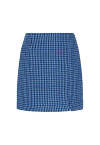 Sininen ja purppura houndstooth-kuvioitu hame suorassa leikkauksessa, jossa on sivuaukko ja sileä kangastunti.