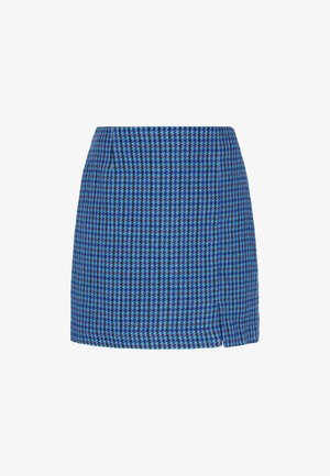 Zilā un violetā houndstooth raksta svārki taisnā griezumā, ar sānu šķēlumu un gludu auduma tekstūru.