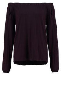 Tumman violetin värinen olkaimia paljastava paita, pitkät hihat elastisilla resoreilla, pehmeää kangasta, rento malli, pyöreä helma, sileä tekstuuri, minimalistinen muotoilu.