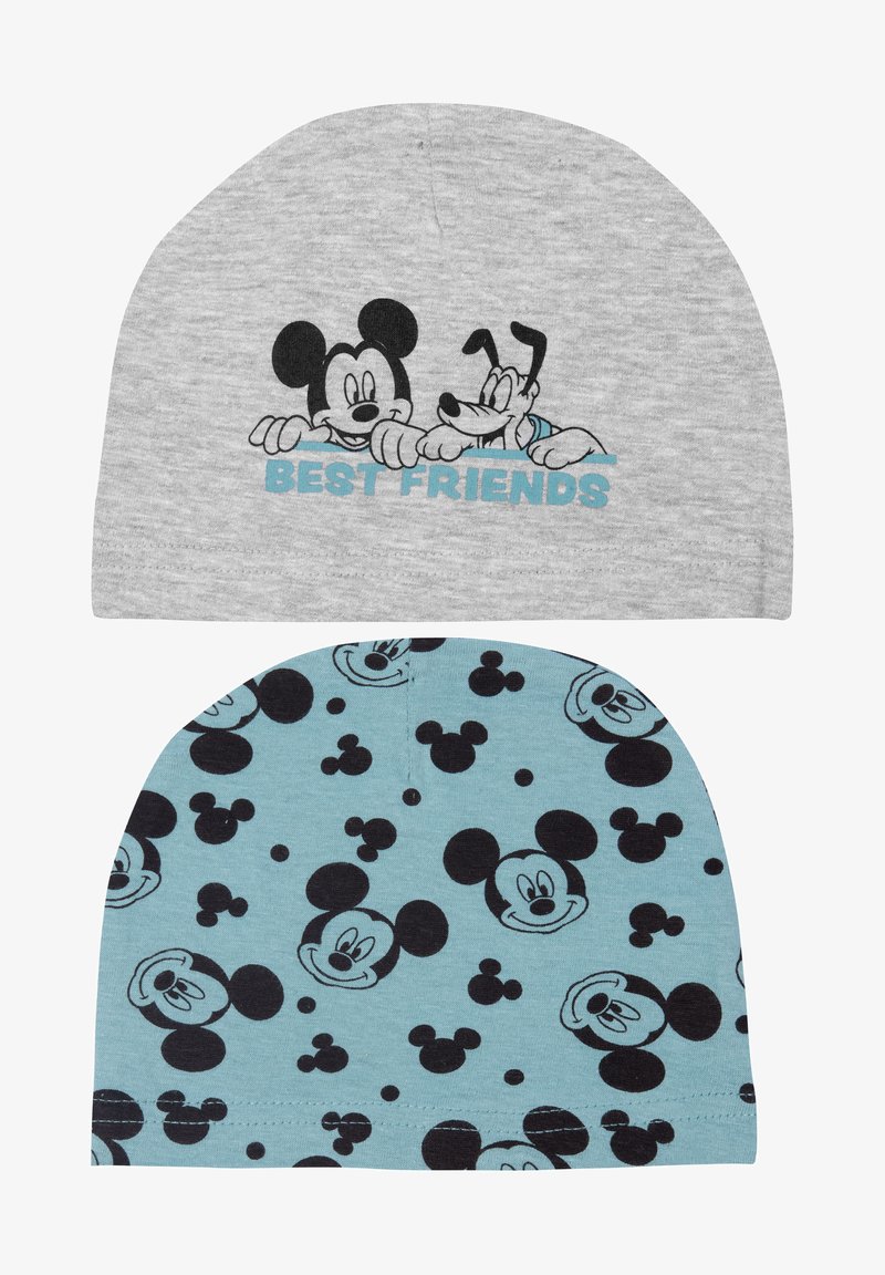 Two beanies: one gray with "BEST FRIENDS" and cartoon characters, the other light blue with repeated black Mickey Mouse face patterns.