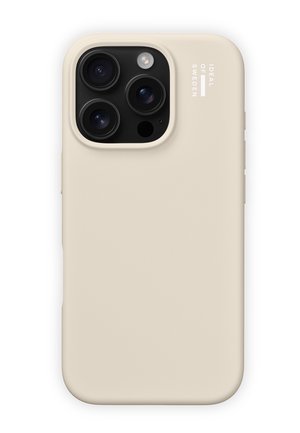 Beige smartphone-etui med udskæringer til tre kameralinser og flash, med "Ideal of Sweden"-branding nær kamerasamlingen.