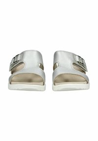 Sandali in pelle argentata con design open-toe, cinturino regolabile e suola in gomma bianca. Presentano un accento con fibbia per la regolabilità.