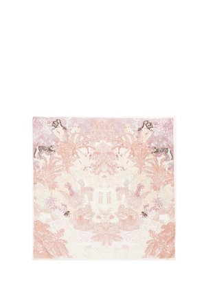 Foulard quadrato con un motivo tropicale di giungla in morbidi toni rosa e beige, che presenta palme e due leopardi che si guardano l'un l'altro.