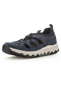 Navy hiking shoe with mesh and leather upper, textured rubber sole, reinforced toe, pull tab, and elastic laces for secure fit.