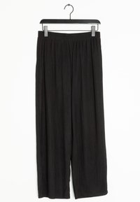 Zwarte wijde broek van textuurstof, met een elastische tailleband en een vloeiende stijl, tentoongesteld aan eenhanger.
