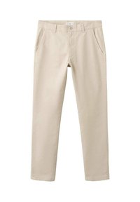 Beige Chinos aus Baumwolle mit schmaler Passform, zwei Seitentaschen und Knopfverschluss. Glatte Textur mit leichtem Design.