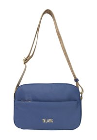 Borsa a tracolla sintetica blu navy con tasca con zip, tracolla beige regolabile e logo dorato sulla parte anteriore. Texture liscia.
