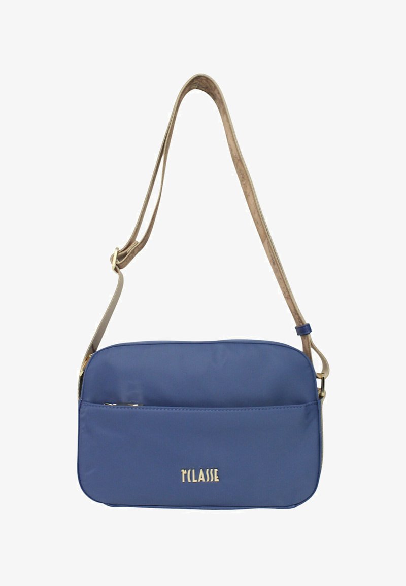 Borsa a tracolla sintetica blu navy con tasca con zip, tracolla beige regolabile e logo dorato sulla parte anteriore. Texture liscia.