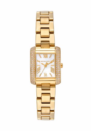 Gold-tone rectangular watch with crystal accents, white dial, gold Roman numerals, and linked bracelet band showing 2:11.