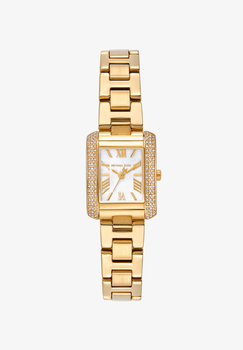 Gold-tone rectangular watch with crystal accents, white dial, gold Roman numerals, and linked bracelet band showing 2:11.