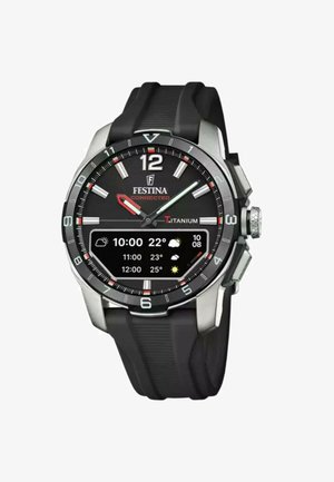 Zwart titanium horloge met digitale weergave, grote numerieke tijdsaanduidingen en een flexibele zwarte rubberen band met textuurdetail.