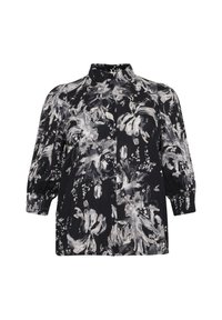 Camicia nera con motivo floreale bianco, chiusura frontale a bottoni, maniche 3/4, polsini arricciati e colletto. Tessuto leggero con una superficie liscia.