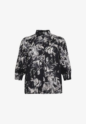 Črna srajca z belim cvetličnim vzorcem, spredaj na gumbe, 3/4 rokavi, naberjeni manšeti in ovratnikom. Lahka tkanina z gladko teksturo.