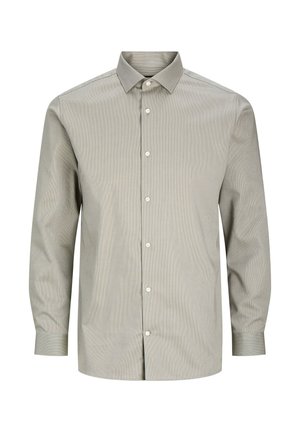 Chemise à manches longues en gris clair avec des rayures verticales subtiles, col boutonné et coupe droite, avec des boutons blancs sur le devant.
