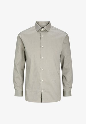 Helevarrukatega särk helehallis toonis, õrnade vertikaalsete triipudega, nööbitava kraega ja sirge lõikega, esiküljel valgete nööpidega.