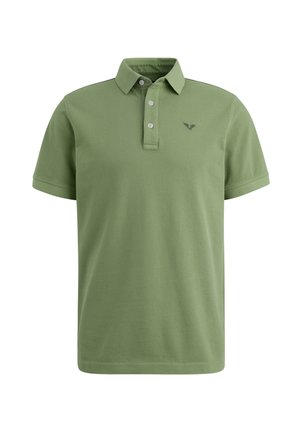 Zelena polo majica od pamuka, s klasičnim ovratnikom, tri dugmeta i suptilnim logotipom na prsima. Kratki rukavi, jednostavan dizajn.
