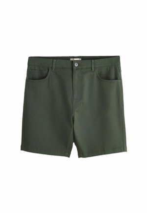 Mørkegrønne afslappede shorts med forreste knap, lynlås, bæltestropper og tre forlommer mod en hvid baggrund.