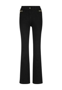 Zwarte flared jeans met knoop aan de voorkant, riemlussen, twee voorkruiszakken en decoratieve gouden kettingdetails op de randen van de zakken.