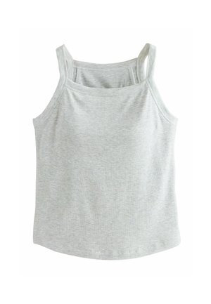 Light gray tank top with thin straps, made of ribbed fabric. Features a round neckline and a straight hem at the bottom. No patterns or accents.