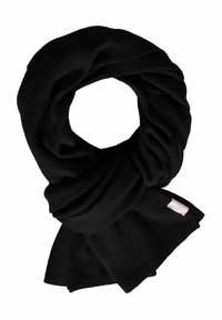 Sciarpa nera di lana, morbida al tatto, drappeggiata a forma di anello, con una piccola etichetta sul bordo. Accessorio versatile per il clima freddo.