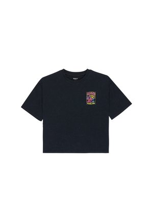 T-shirt cropped nera in morbido cotone con maniche corte; presenta una grafica colorata sul lato sinistro del petto che rappresenta fiori e il testo "Roxy".
