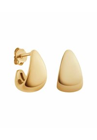 Złote metalowe kolczyki stud w kształcie gładkiej kropli łzy z polerowanym wykończeniem. Bez wzorów; prosty design z bezpiecznym zapięciem.