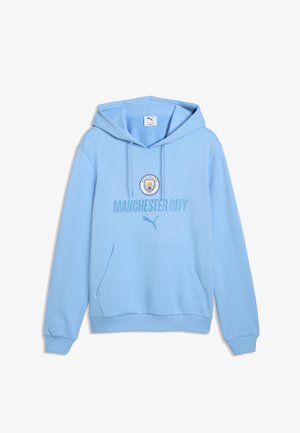 Jasnoniebieska bluza z kapturem z logo Manchester City, napisem i logo Puma z przodu, z przednią kieszenią i kapturem ze ściągaczem.
