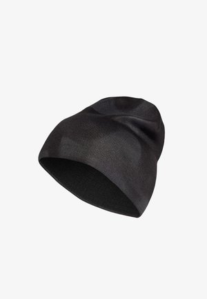 Czarna dziana czapka typu beanie o lekko luźnym kroju i gładkiej teksturze, pokazana na białym tle.