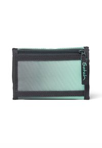 Une pochette rectangulaire avec un corps en filet vert menthe, une fermeture éclair noire et des bordures noires. Présente une étiquette logo "Satch" sur le côté pour identifier la marque.