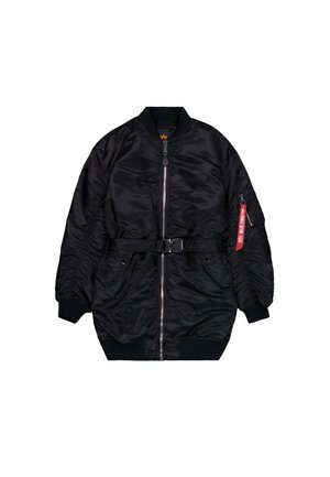 Black bomber jacket made of smooth nylon. Features a zipper front, belted waist, ribbed cuffs, and a side pocket with a red tag.