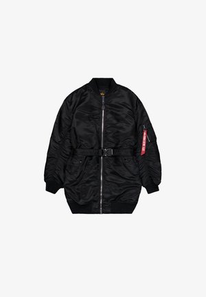 Black bomber jacket made of smooth nylon. Features a zipper front, belted waist, ribbed cuffs, and a side pocket with a red tag.