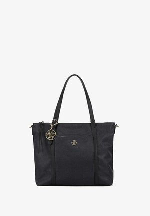 Borsa a spalla nera con finitura testurizzata, manici doppi, accessori in tonalità oro e un charm decorativo. Tasca anteriore visibile.