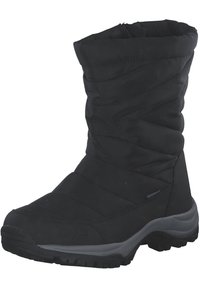 Schwarze wasserdichte Winterstiefel mit einem gesteppten Design, runder Zehenform und profilierter Gummisohle für Halt und Stabilität.