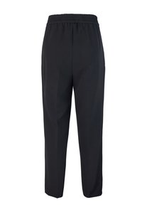 Pantaloni neri leggeri con vita elasticizzata. Taglio dritto e texture liscia. Ideali per un abbigliamento casual o comodo.