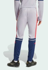 Grey athletic pants with red stripes and navy accents. Made from a smooth material, featuring zippered pockets and a tapered fit.