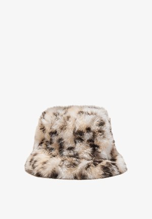 Cappello a secchiello realizzato in morbido peluche, con un motivo leopardato beige e marrone. Presenta un ampio bordo flessibile e una corona arrotondata.
