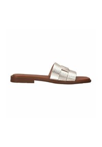 Zilveren metalen slide-sandalen met drie brede banden. Vlakke bruine zool met een gestructureerd oppervlak, ideaal voor casual wear. Gladde leren afwerking.