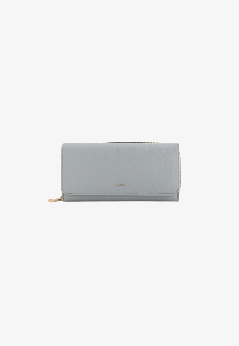Grey synthetic wallet with a smooth texture, zip closure, and gold-tone hardware. Features a flap design with embossed logo detailing.