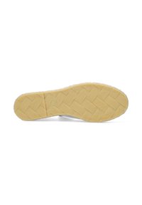 Suola di scarpa in gomma con un motivo a spina di pesce testurizzato. I colori includono un beige chiaro e bianco, con una finitura liscia e un leggero ammortizzamento.