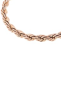 Bracciale intrecciato in oro rosa con una superficie liscia. Il design intricato presenta fasce intrecciate, aggiungendo dimensione ed eleganza.
