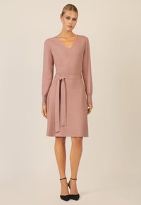 Gestricktes, pinkes Kleid mit V-Ausschnitt, langen Ärmeln und tailliertem Detail. Glatte Textur mit knie-langer Saum und tailliertem Oberteil.