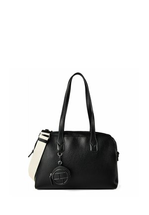 Borsa a mano in pelle nera testurizzata con due manici per la spalla, una tracolla larga beige staccabile e una piccola tasca rotonda per monete attaccata sul davanti.