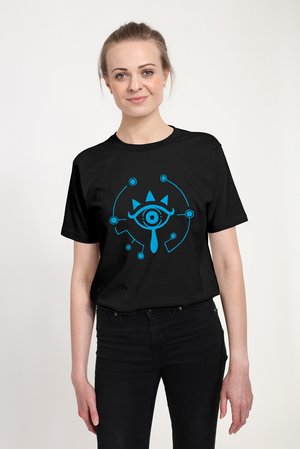 Black t-shirt featuring a blue graphic design of an eye with accents and geometric elements centered on the chest. Soft fabric finish.
