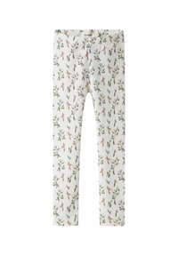 Vita leggings med ett blommönster som har gröna blad och rosa blommor. Tillverkade av ribbad tyg med elastisk midjeband.
